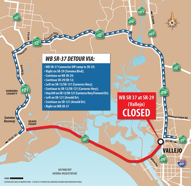 Detour map for westbound State Route 37 closure at SR-29 in Vallejo. WB SR-37 Detour Via: WB SR-37 Connector Off-ramp to SR-29; Right on SR-29 (Sonoma Blvd.); Continue on NB SR-29; Continue SR-29/SR-12; Left on SR-12/SR-121 (Carneros Hwy); Continue to SR-12/SR-121 (Carneros Hwy);  Stay left on SR-12/SR-121 (Carneros Hwy/Fremont Dr); Left on SR-121 (Arnold Dr); Continue on SR-121 (Arnold Dr); Right on WB SR-37.