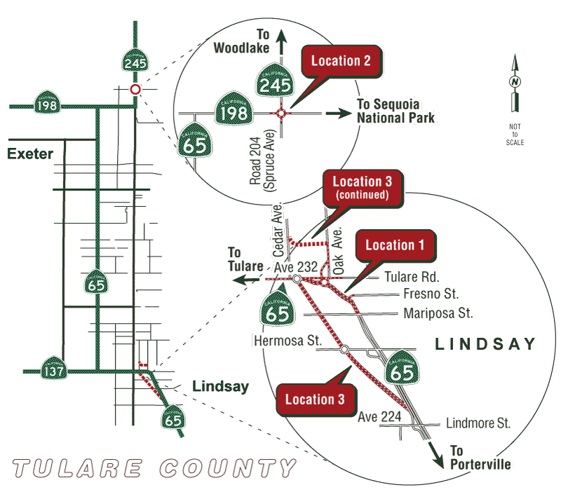 Graphic of a project location map for the Lindsay Route 65 and Route 198/245 Operational Improvements Project