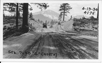 A black and white picture of road construction in Mono County on April 19, 1934. A vehicle in the picture is using a detour.