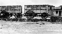 An undated black and white picture of the Original 20 Mule Team Wagon used for hauling Borax out of Death Valley for the Pacific Coast Borax Company.