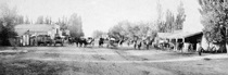 A black and white picture of Main Street in Bishop in 1885.