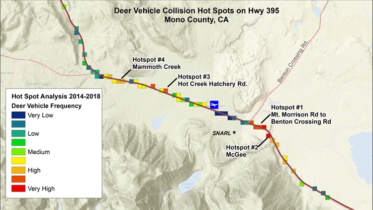 Map highlighting the deer collision hot spots within the project area on U.S. 395 in Mono County near Mammoth Lakes Airport.