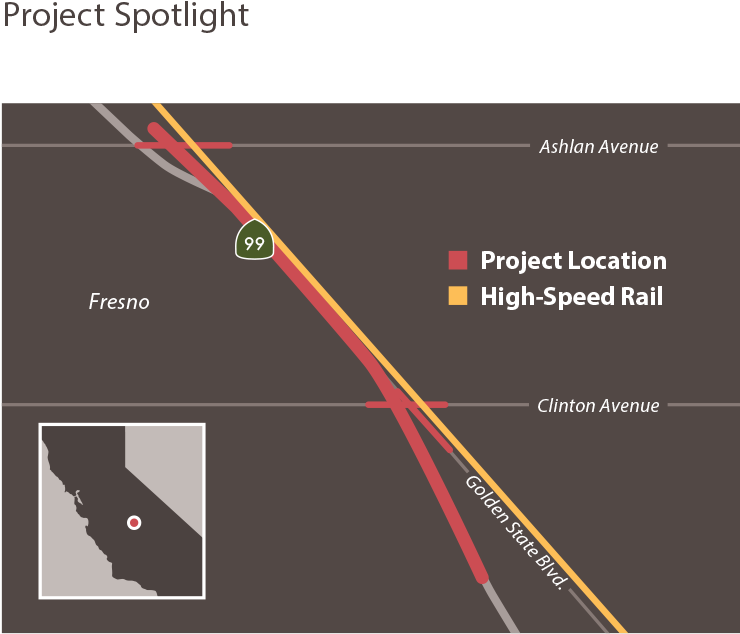 Graphic map depiction of the project location in Fresno and a map of California. 